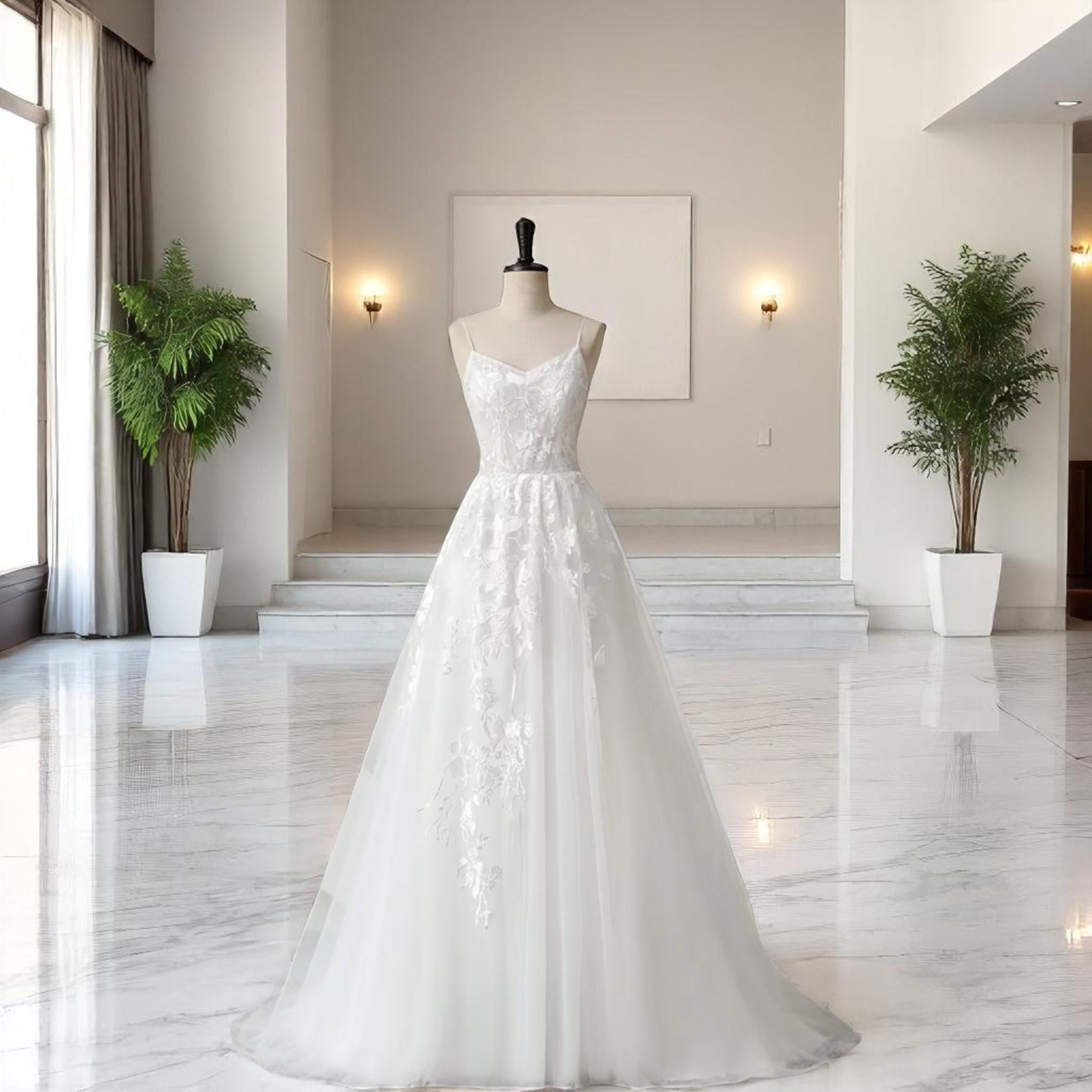 White Lace A-Line Tulle Wedding Dress, Boho Spaghetti Straps Bridal Gown, Summer Beach Wedding Dress 2025,Back, Small Train,Outdoor Wedding
