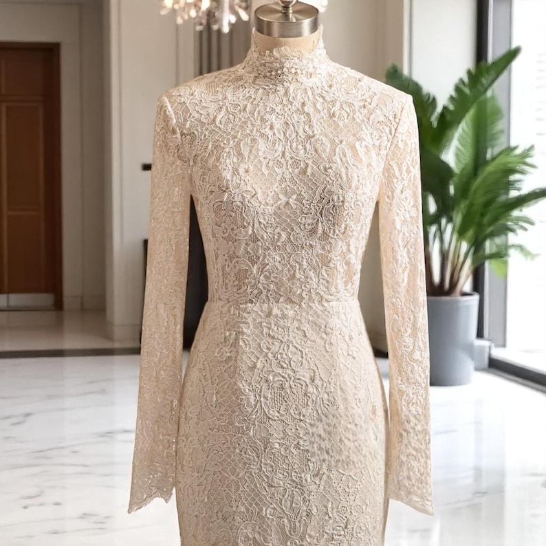 High Collar Lace Wedding Dress | Long Sleeve All-over Lace Gown | Fit ...