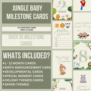 Modèle sur toile de cartes jalons Safari Baby | 1-12 mois + jours fériés et premières | Animaux de la jungle à imprimer | Accessoires photo modifiables pour bébé