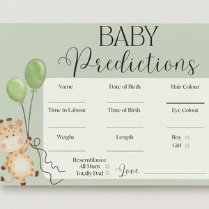 Cartes de prédiction de bébé Safari vert sauge | Jeu Neutre pour Baby Shower | Activité de baby shower neutre en matière de genre | Baby shower sur le thème de la jungle