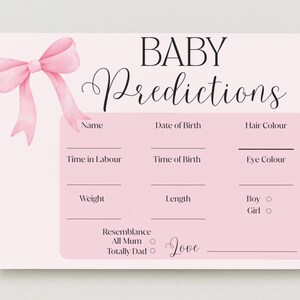 Schede di previsione per il bambino in rosa – Gioco stampabile per baby shower per bambine – Previsioni per il bambino con fiocco rosa – Download immediato in PDF