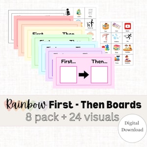 May include: Rainbow First-Then Boards, an 8-pack with 24 visuals. The boards are in pastel colours, with the words "First" and "Then" on each board. The visuals include icons for various activities.
