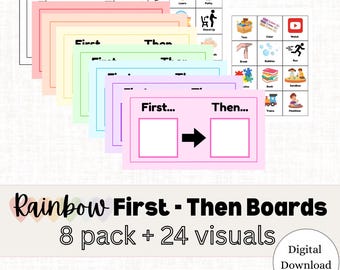 Rainbow First Then Visual Board with Tokens: ABA Therapy, Autism Visuals