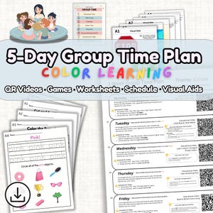 以下が含まれることがあります： QRコード動画、ゲーム、ワークシート、視覚補助具を備えた、色の学習のための5日間のグループタイムプラン。画像にはスケジュール、単語「ピンク」を含むワークシート、子供たちのグループが含まれています。テーマは色です。
