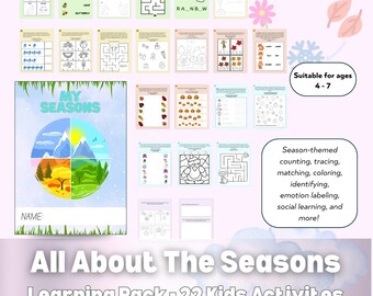 以下が含まれることがあります： 「All About The Seasons」というタイトルの、22の子供向けアクティビティを含む学習パック。表紙には季節のホイールグラフィックと「My Seasons」の文字が描かれています。4〜7歳のお子様に適した、カウント、トレース、カラーリングの練習が含まれています。