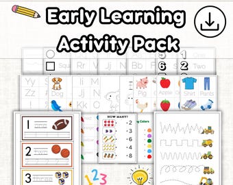 Preschool Learning Bundle Printable | 20-Page Early Learning Activity Pack | Tracing, Counting, Alphabet, Shapes, Colors | Homeschool PDF