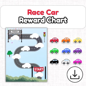 May include: A Race Car Reward Chart with a winding road design, a finish line, and a start line. The chart features a light blue background, a green tree, and a traffic light. Includes colorful car icons in red, orange, yellow, green, blue, purple, black, white, and pink.