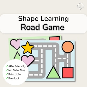 May include: Shape Learning Road Game cards featuring a road map design with various shapes like hearts, a star, a triangle, a circle, and a square. The cards are in shades of green, blue, and orange, with the text "Shape Learning Road Game".