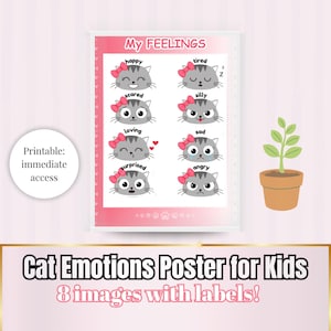 Può includere: Un poster con cornice rosa intitolato "My Feelings" presenta facce di gatti dei cartoni animati che esprimono emozioni come felicità e tristezza. Il poster include il testo "Cat Emotions Poster for Kids" e "8 images with labels!".