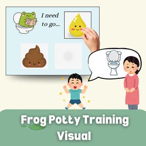 May include: A visual aid for potty training featuring a frog on a toilet, a smiling yellow drop, and a brown smiling poop. The text reads "I need to go..." and "Frog Potty Training Visual". A child is jumping with joy.