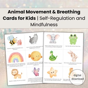 Peut inclure: Ensemble de cartes illustrées pour enfants, axées sur les mouvements d'animaux et les exercices de respiration. Chaque carte présente un animal et des instructions pour des activités de pleine conscience. Conçu pour l'autorégulation et la pleine conscience.