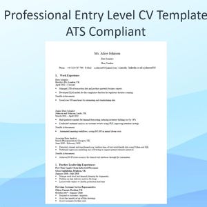 May include: A professional entry-level CV template, ATS compliant, with the title at the top. The CV includes sections for work experience and further leadership experiences. The CV is for Ms. Alice Johnson, a Data Scientist.