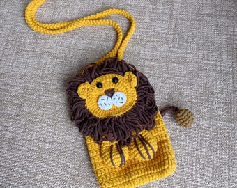 Crochet Lion Phone Pouch: Handmade Cotton Crossbody Bag