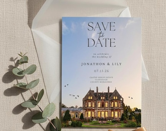 May include: A wedding invitation with the text "SAVE the DATE" and the names "JONATHON & LILY" is displayed. The card features a scenic image of a castle under a sunset sky. A wax seal and gold ribbon are also present.