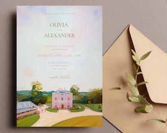 May include: A wedding invitation featuring a watercolor painting of a pink house with a long driveway, trees, and fields. The invitation includes the names Olivia and Alexander, the date August 20th, and the time 5 PM.