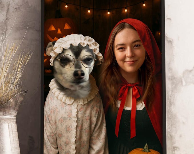 Custom Halloween Pet & Owner Portrait, Funny Spooky Portrait, Personalized Halloween Gift, Unique Pet Lovers Wall Art, Custom Funny Portrait