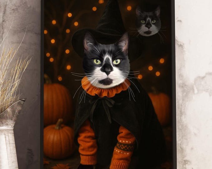 Custom Pet Portrait Halloween Witch, Funny Spooky Cat or Dog Artwork, Personalized Creepy Cute Illustration, Gift for Pet Lovers and Owners