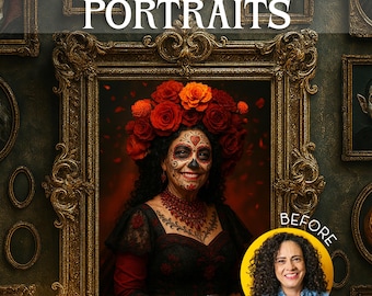 死者の日のデジタルポートレート、ハロウィーンのカスタムポートレート、ゴシック調の印刷可能なウォールアート、シュガースカルのデジタルアートワーク、不気味なカスタムポートレート
