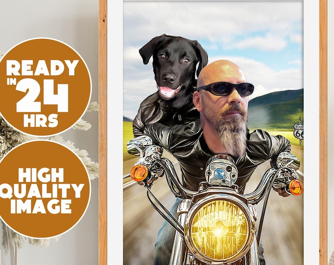 Custom Pet and Owner Bigbike Portrait | Personalized Pet and Owner Riding Bike | Custom Pet Portrait | Dog Cat Biker Gift | Custom Pet Art