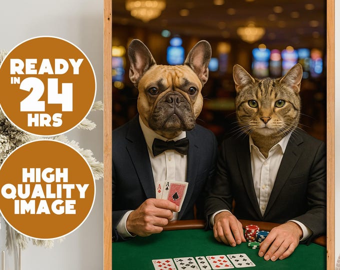 Funny Custom Pet Portrait Poker Scene, Casino Poker Pets Wall Art, Digital Download Unique Gift Pet Owners, Dad or Him, Custom Pet Casino