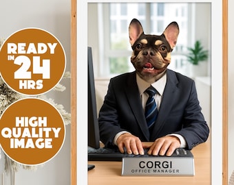 Anpassat porträtt av hundboss | Rolig konst med husdjur i kostym (digital nedladdning)