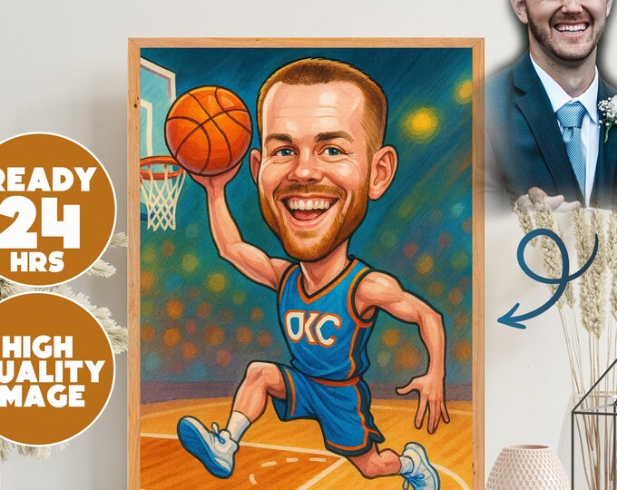 Custom Basketball Caricature | Digital Download | ANY BASKETBALL TEAM, Funny Digital Portrait, Sports Lover Gift, Unique Birthday Gift Him