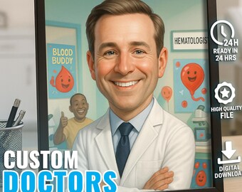 Caricatura personalizada de médico hematólogo. Retrato personalizado. Regalo médico para doctores. Día del Maestro. Día de la Madre. Descarga digital.