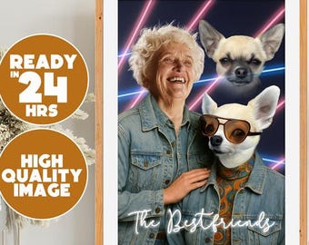 May include: A framed portrait features a woman and two Chihuahuas, one wearing sunglasses. The image has a dark blue background with pink and blue neon lines. The text "The Best Friends" is written in white script.