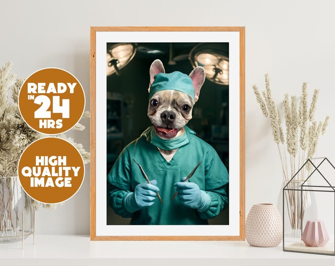 Surgeon Pet Portrait Custom | Digital Funny Dog Art | Unique Pet Lover Gift | Personalized Pet Illustration | Animal Hospital Decor