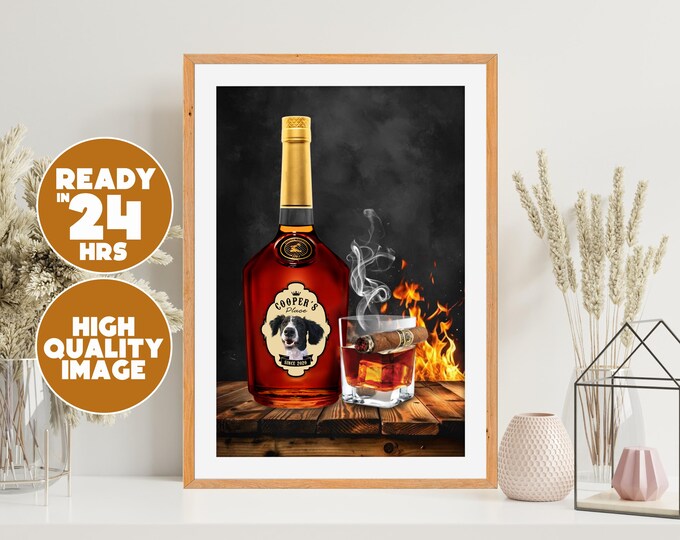 Custom Dog Photo on Whiskey Label • Pet Portrait Wall Decor • Personalized Pet Artwork • Whiskey Art Gift • Man Cave Bar Print