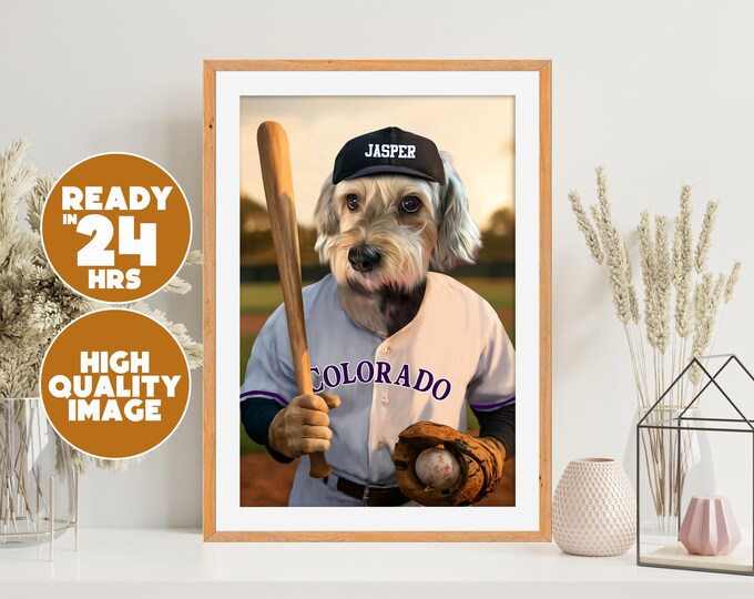 Any Baseball Team Pet Portrait, Custom Sport costume dog portrait, MLB dog portrait, Baseball poster, Baseball fan gift, Fathers day gift