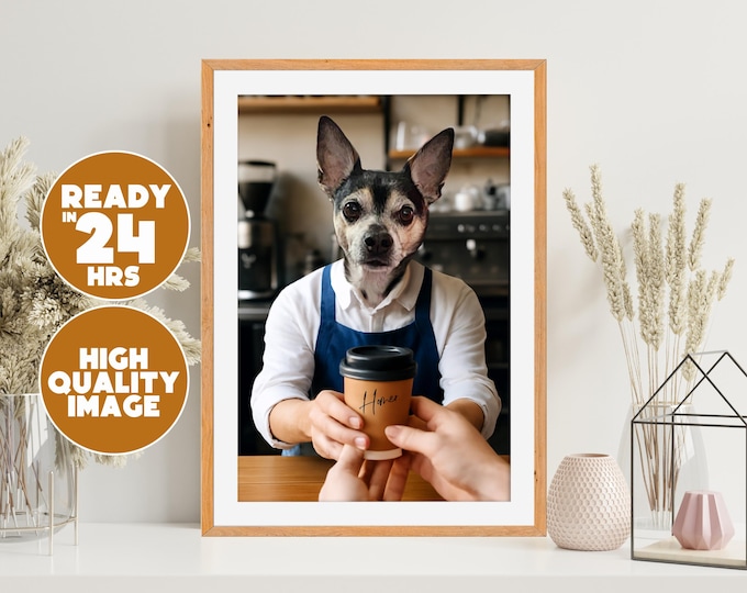 Custom Pet Portrait Coffee Shop Art | Personalized Pet Art Coffee | Dog Cat Digital Artwork Funny Gift for Pet Lovers | Pet Illustration