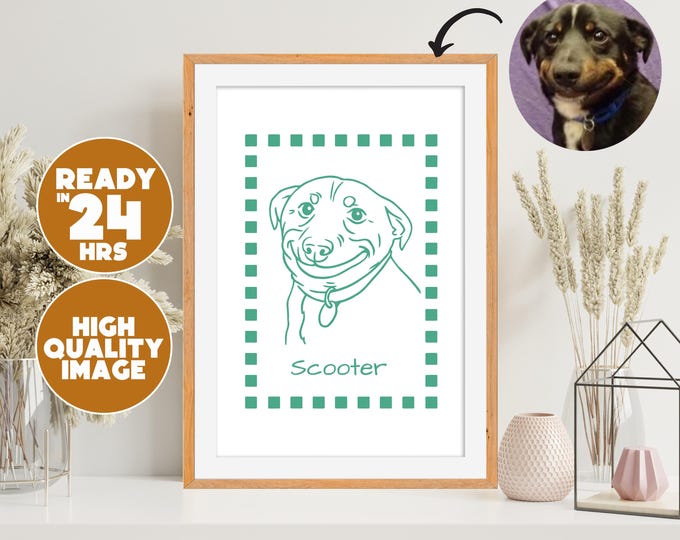 Custom Pet Illustration | Dog or Cat Line Art Drawing | Personalized Pet Memorial Wall Print | Pet Name Art | Gift for Pet Owners