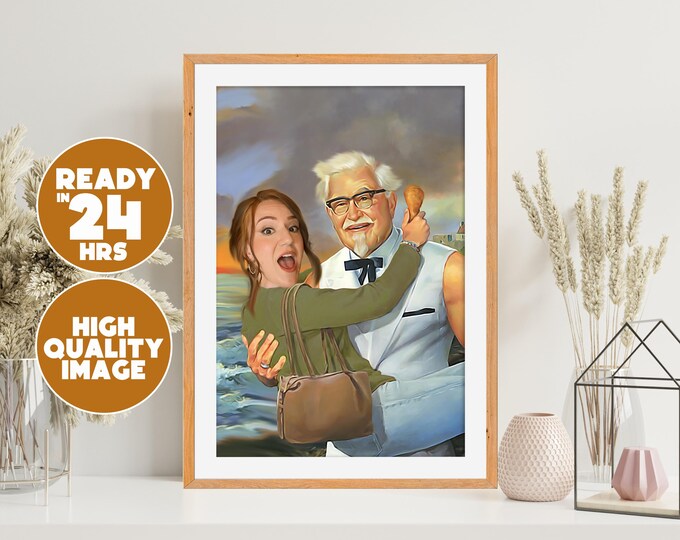 Fried Chicken Hero Carrying You Portrait | Hilarious Custom Art | Personalized Digital Download | Funny Friend or Couple Gift | Colonel Art