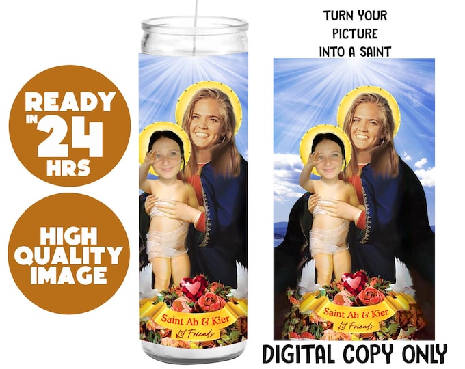 Custom Saint Portrait Digital | Personalized Funny Candle Label | Unique Printable Art Featuring Adult & Baby Saints | Gift for Friends