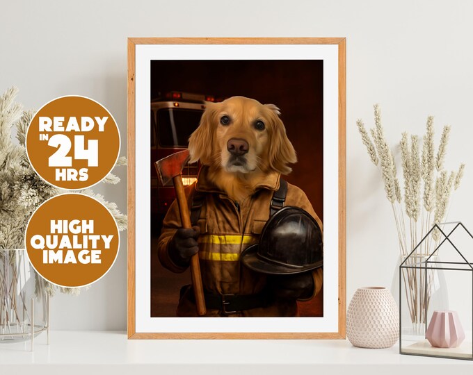 Custom Pet Firefighter Portrait | Personalized Firefighter Portrait | Custom Digital Dog Art | Unique Pet Gift | Funny Pet | Pet Wall Decor