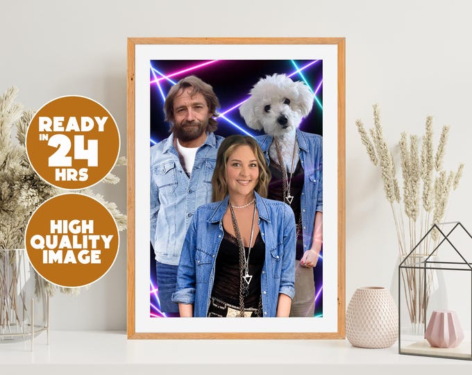Custom Retro Disco Pet and Owner Portrait | 80s-Inspired Digital Art | Matching Fashion Printable Gift | Unique Pet Wall Decor