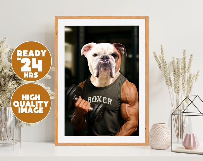 Custom Pet Gym Coach Portrait | Funny Dog Bodybuilder Digital Art | Printable Pet Gift | Custom Pet Wall Decor for Fitness Lovers | Pet Art