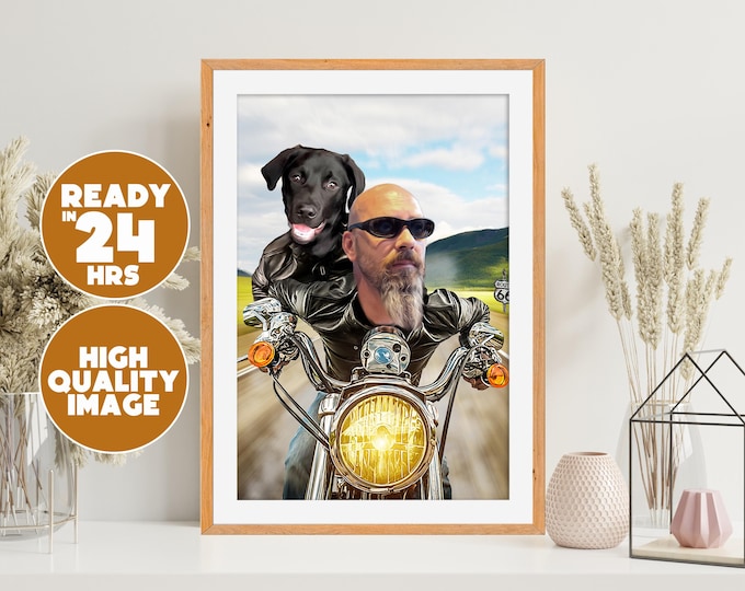 Custom Pet and Owner Bigbike Portrait | Personalized Pet and Owner Riding Bike | Custom Pet Portrait | Dog Cat Biker Gift | Custom Pet Art