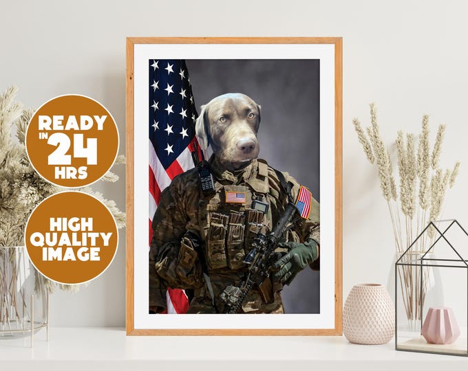 Custom Military Pet Portrait | Personalized Digital Art for Veterans and Dog Lovers | Funny Printable Pet in Uniform Gift | Veteran Gift