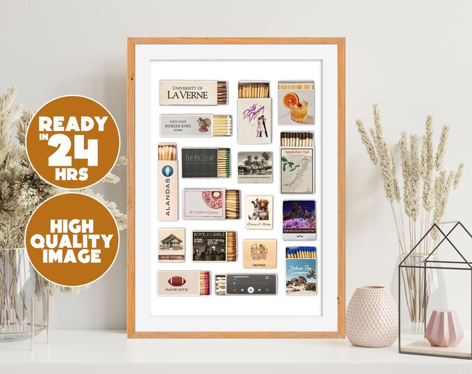 Custom Matchbook Art Digital | Personalized Wall Decor with 17 Matchbox Designs | Unique Printable Gift for Couples, Homes & Friends