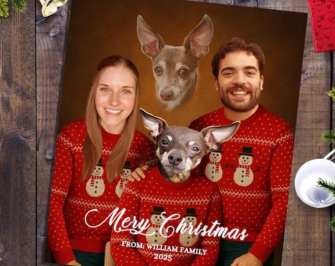 Custom Family Christmas Card | 3-Person Photo Holiday Card | Printable Xmas Greeting Pet or Child | Printable Holiday Card Pet Child Photo