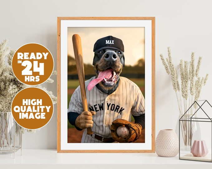 Any Baseball Team, Baseball Pet Portrait - Custom Sport Dog Art, Personalized Dog Poster, Baseball Fan Gift, Father's Day Pet Portrait