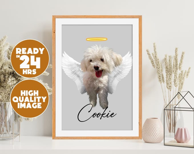 Custom Pet Angel Portrait • Personalized Pet Memorial Wall Art • Rainbow Bridge Dog Print • Pet Loss Keepsake Gift • Pet Remembrance Gift