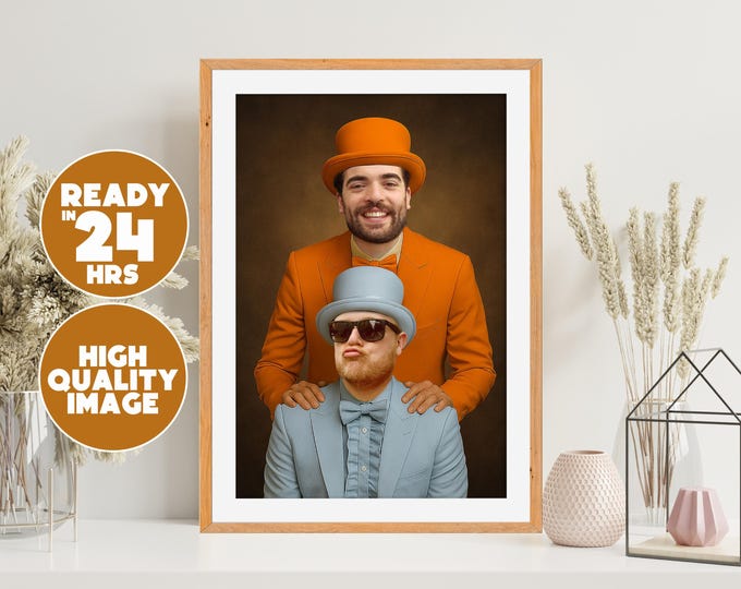 Custom Comedy-Themed Portrait in Bright Suits – Funny Digital Artwork for Pets or People – Perfect Gag Gift or Wall Print Goofy Wall Decor