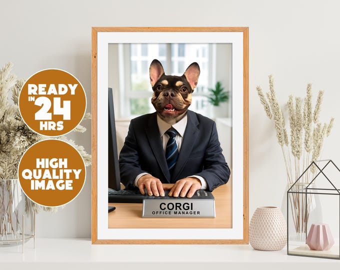 Custom Dog Office Portrait | Funny Pet in Business Suit Art | Digital Pet Illustration | Unique Gift for Pet Owners | Pet Boss Print