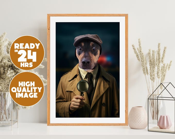 Personalized Detective Dog Portrait | Pet Digital Art in Sherlock Style | Custom Animal Illustration | Pet Lover Gift | Gift for Dog Owners