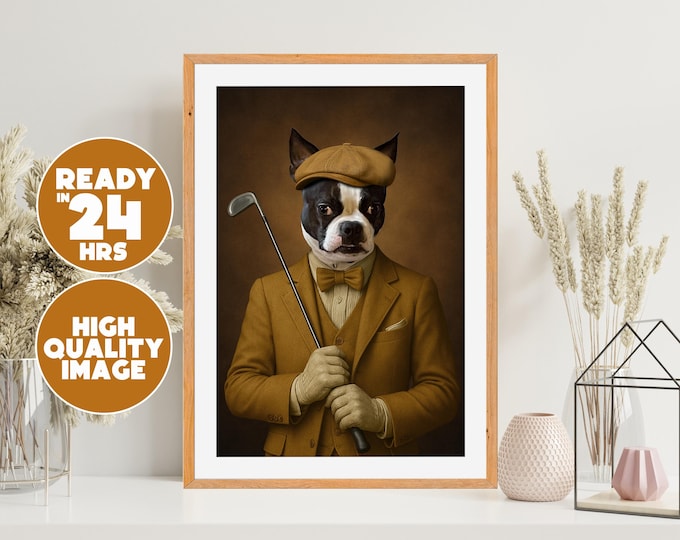Custom Digital Pet Portrait • 1920s Golf Theme Pet Illustration • Funny Dog or Cat Print • Personalized Retro Pet Art Gift • Pet Poster Art