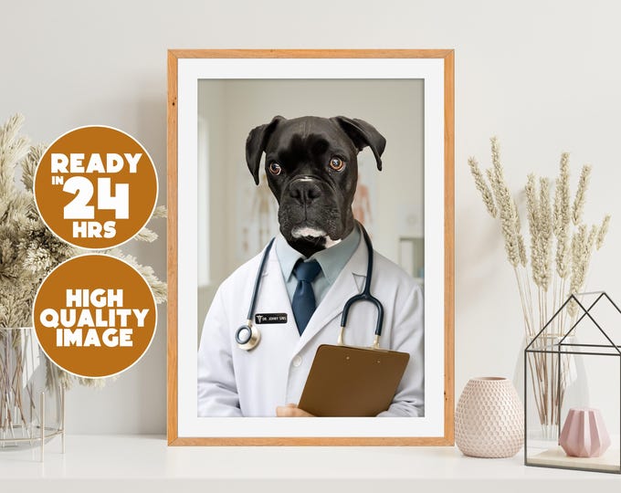 Custom Pet Doctor Portrait | Digital Dog in Lab Coat | Funny Pet Art | Personalized Pet Gift | Vet Theme Dog Print | Gift for Pet Lovers