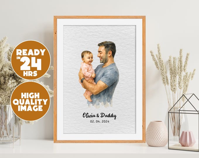 Custom Father’s Day Gift • Digital Watercolor Dad Portrait • Personalized Dad and Child Artwork • New Father Keepsake • New Dad Baby Art